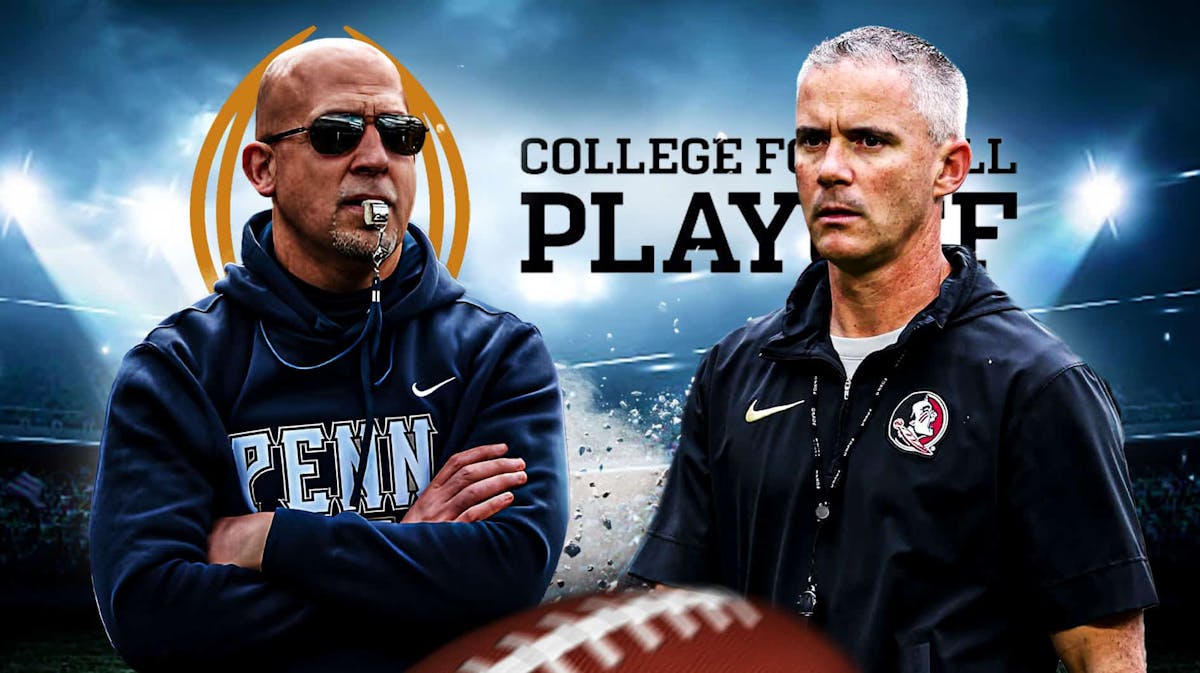 Penn State football coach James Franklin, Florida State football head coach Mike Norvell, expanded College Football Playoff logo