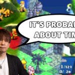 new final fantasy tactics, final fantasy tactics, yoshi-p, final fantasy, a blurred collage of the three final fantasy tactics games in the background with yoshi-p in the foreground with a speech bubble that says it's probably about time