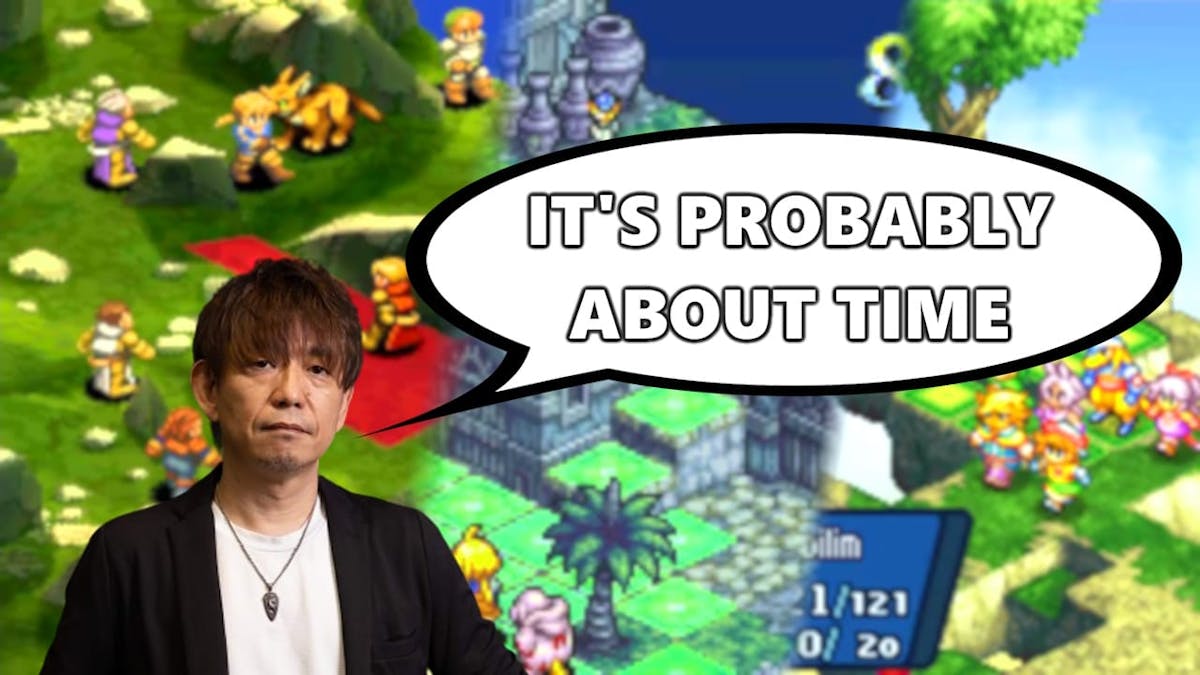 new final fantasy tactics, final fantasy tactics, yoshi-p, final fantasy, a blurred collage of the three final fantasy tactics games in the background with yoshi-p in the foreground with a speech bubble that says it's probably about time