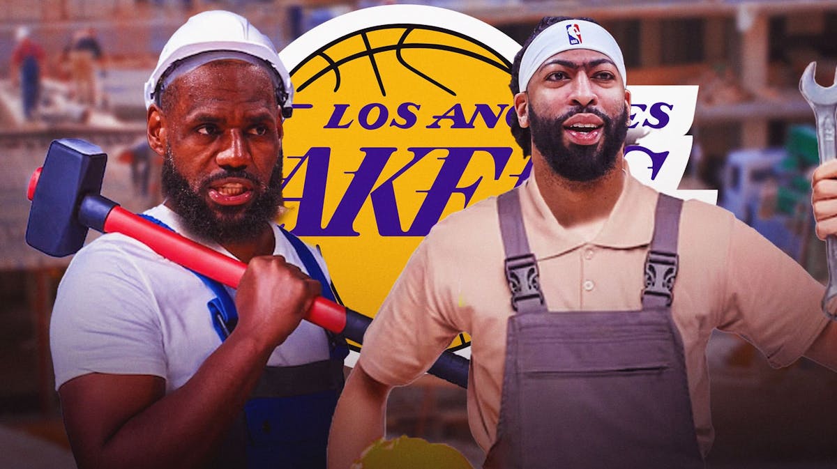 LeBron James and Anthony Davis holding construction tools with Los Angeles Lakers logo in the background.