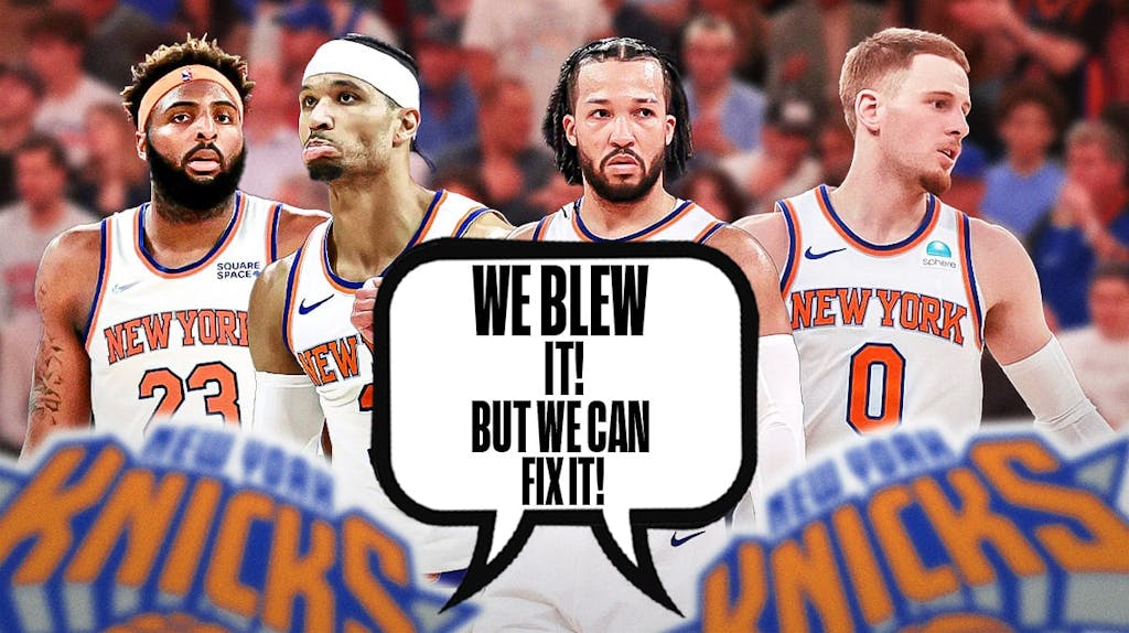 Knicks' Jalen Brunson, Josh Hart, Mitchell Robinson, Donte DiVincenzo with a quote bubble
