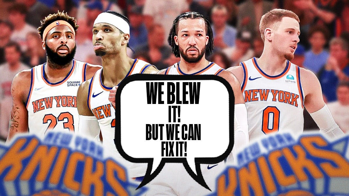 Knicks' Jalen Brunson, Josh Hart, Mitchell Robinson, Donte DiVincenzo with a quote bubble