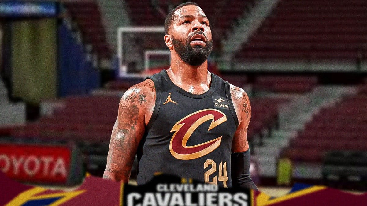 A gritty Marcus Morris Sr. with a basketball court in Cavs colors in the background.