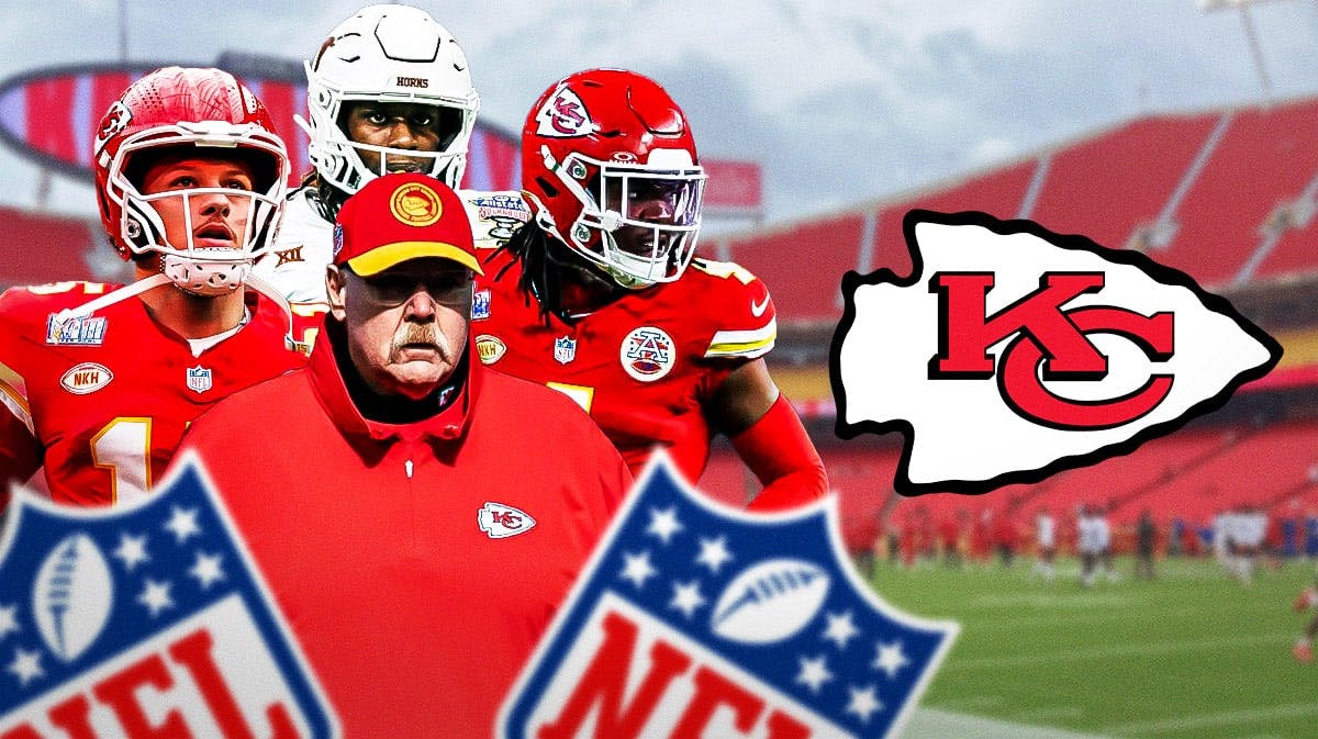Kansas City Chiefs head coach Andy Reid with QB Patrick Mahomes and wide receivers Rashee Rice and Xavier Worthy. There is also a logo for the Kansas City Chiefs.