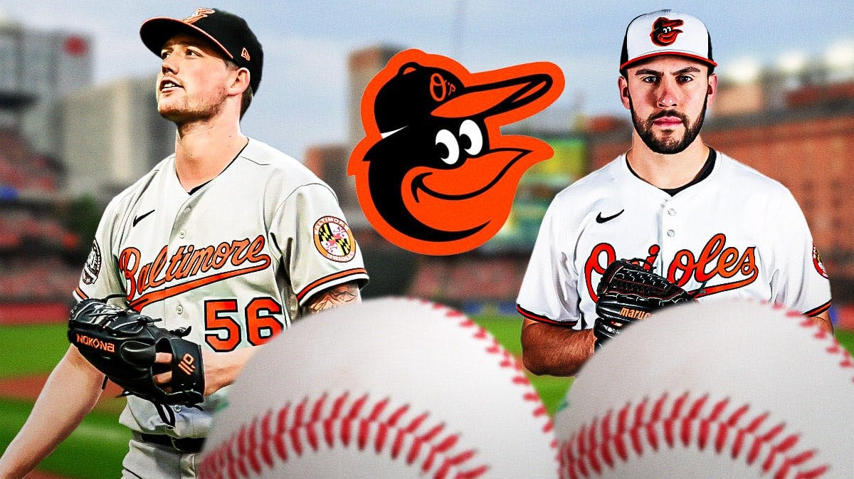 Kyle Bradish and Grayson Rodriguez next to an Orioles logo at Camden Yards
