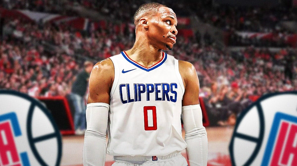 Los Angeles Clippers guard Russell Westbrook looking upset.