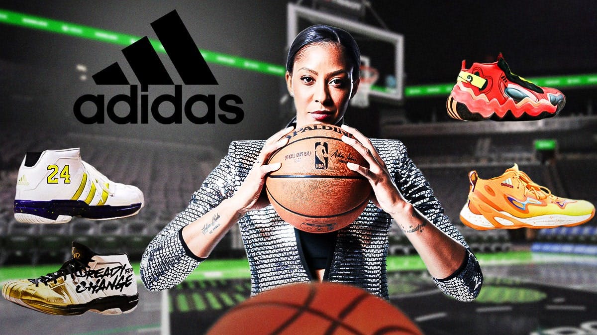 Former WNBA/Las Vegas Aces player Candace Parker, with the Adidas logo, and a cut-outs of different Candace Parker Adidas shoes