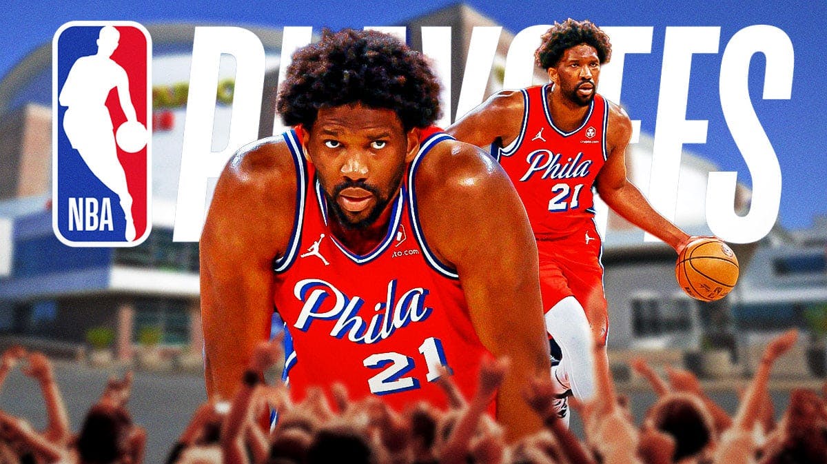 76ers' Joel Embiid in front of the NBA playoffs logo