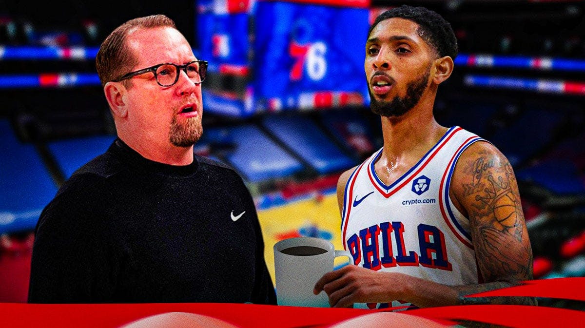 76ers' Nick Nurse and Cam Payne holding a cup of coffee
