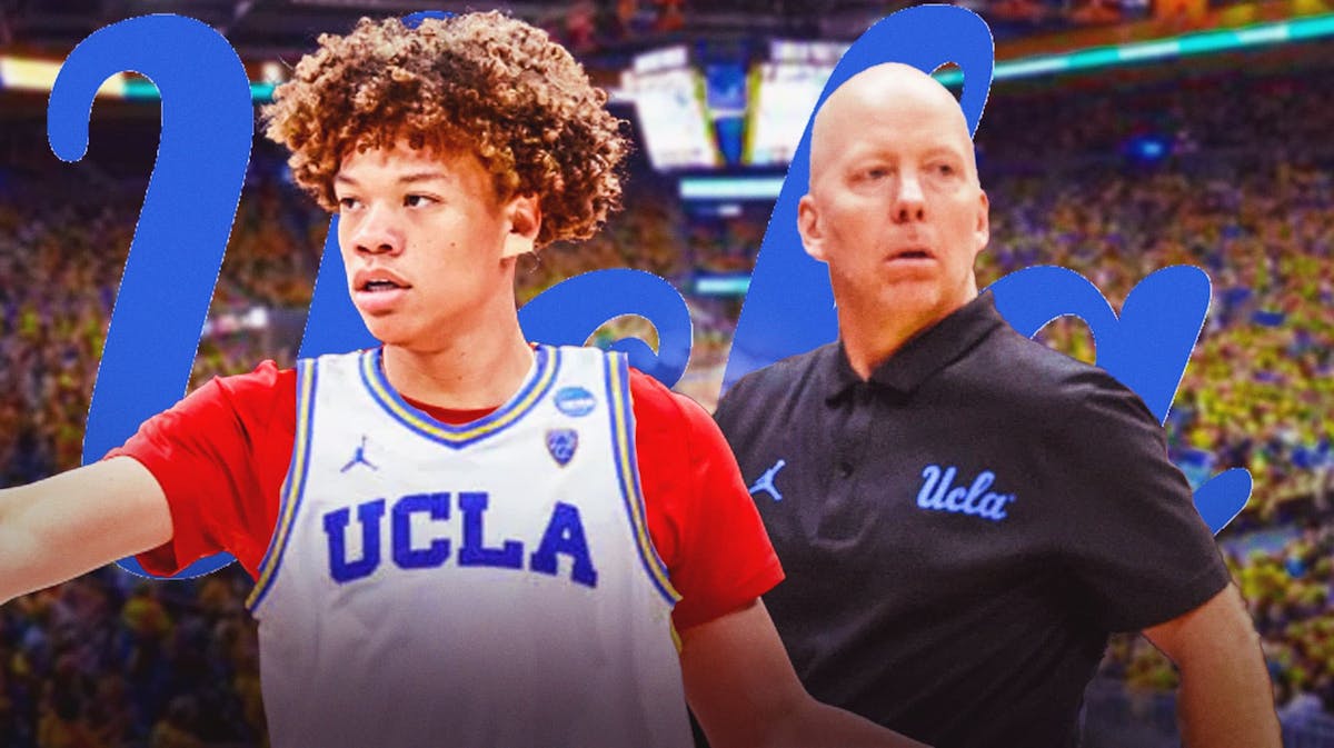 Trent Perry in a UCLA jersey alongside Mick Cronin with the UCLA logo in the background