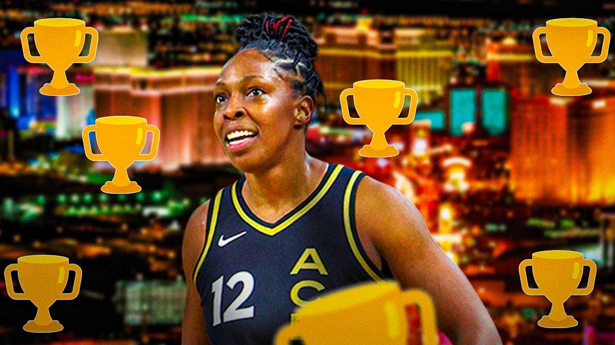 Las Vegas Aces player Chelsea Gray, with the city of Las Vegas in the background, with a trophy emoji