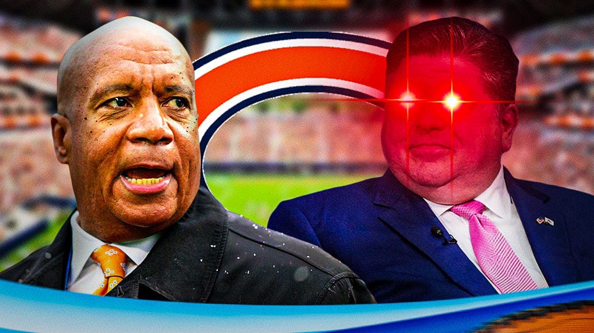 Illinois Governor with lasers in his eyes next to Bears Kevin Warren
