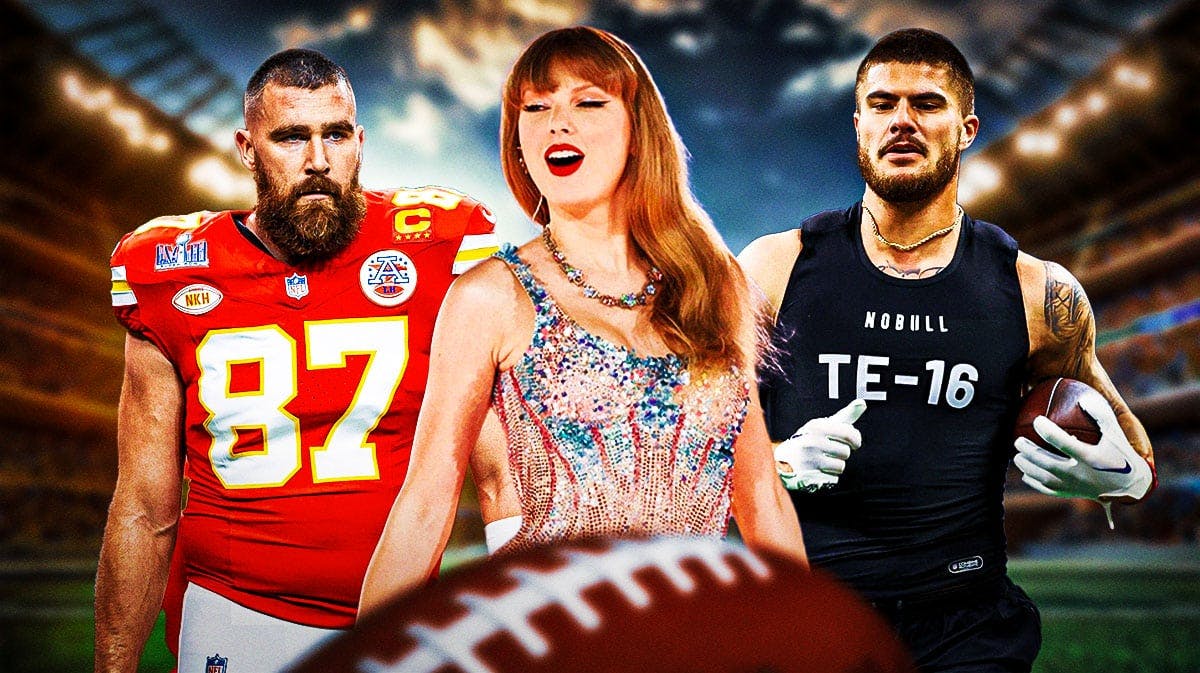 Kansas City Chiefs tight end Travis Kelce next to American singer-songwriter Taylor Swift and Chiefs tight end Jared Wiley.