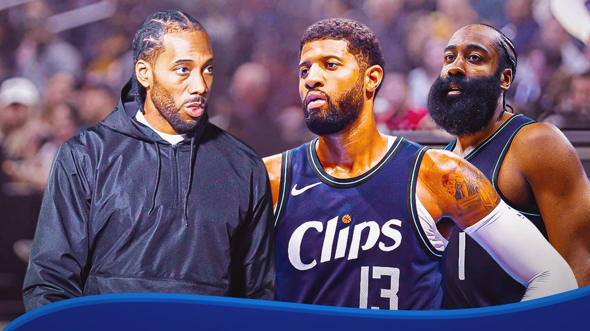 Clippers' Paul George and James Harden looking tired, with Kawhi Leonard in casual clothes beside them