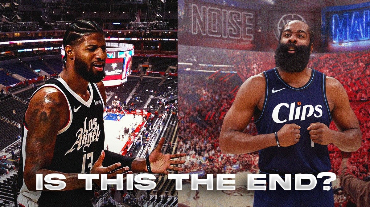 Clippers' Paul George and James Harden looking angry, split background: on the left is Crypto.com Arena, on the right is Intuit Dome, caption below: IS THIS THE END?