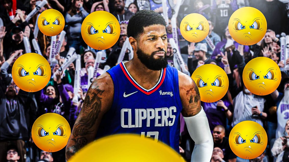 Paul George with a bunch of Los Angeles Clippers fans with angry emojis around them in the background