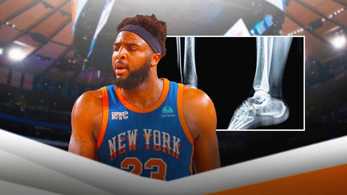 Knicks' Mitchell Robinson angry, with angry emojis all over him and a diagram of ankle injury beside him