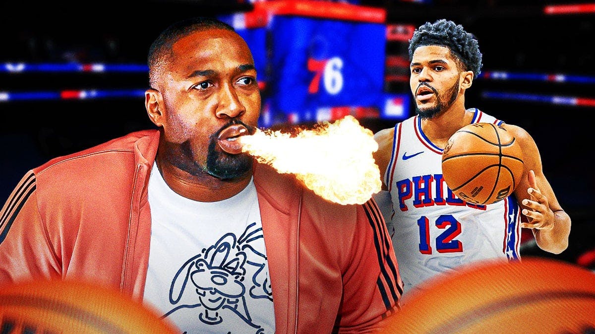 Photo: Gilbert Arenas breathing fire at Tobias Harris in action in 76ers jersey