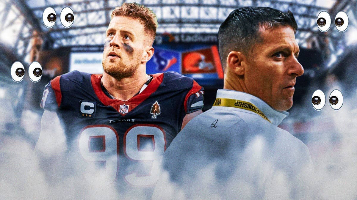 Nick Caserio and J.J. Watt with a bunch of the big eyes emojis in the background