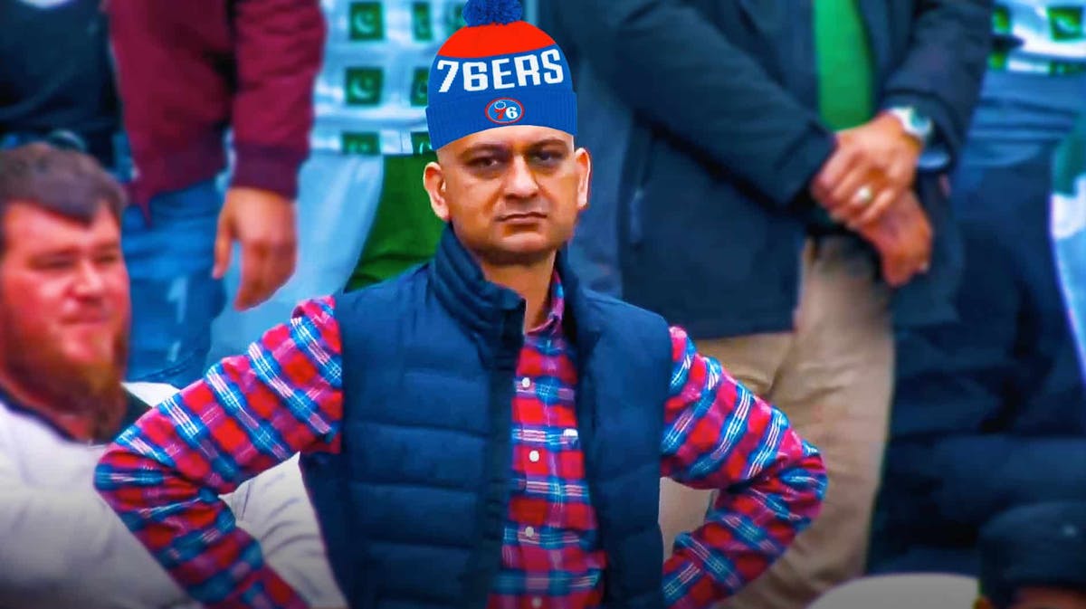 Cricket fan meme wearing Philadelphia 76ers headband or beanie