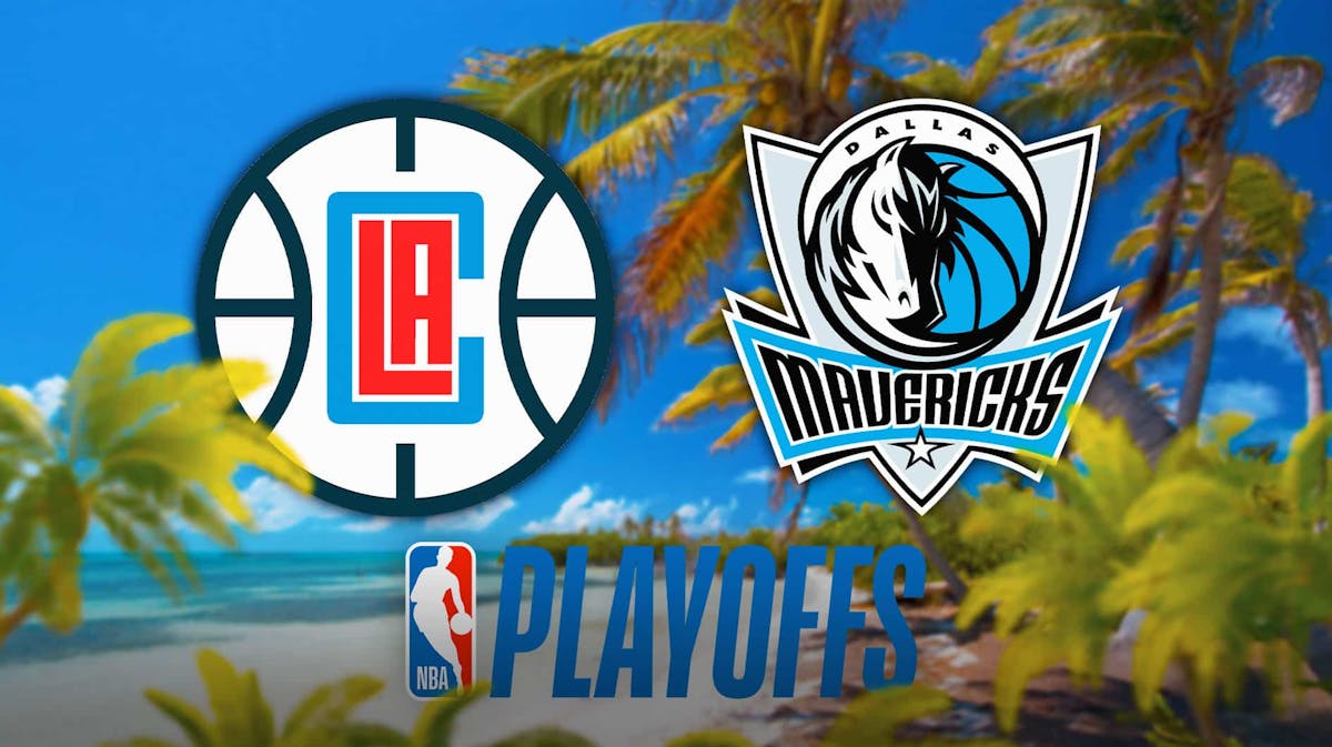 Clippers and Mavericks logos in front of Cancun beside NBA Playoffs logo