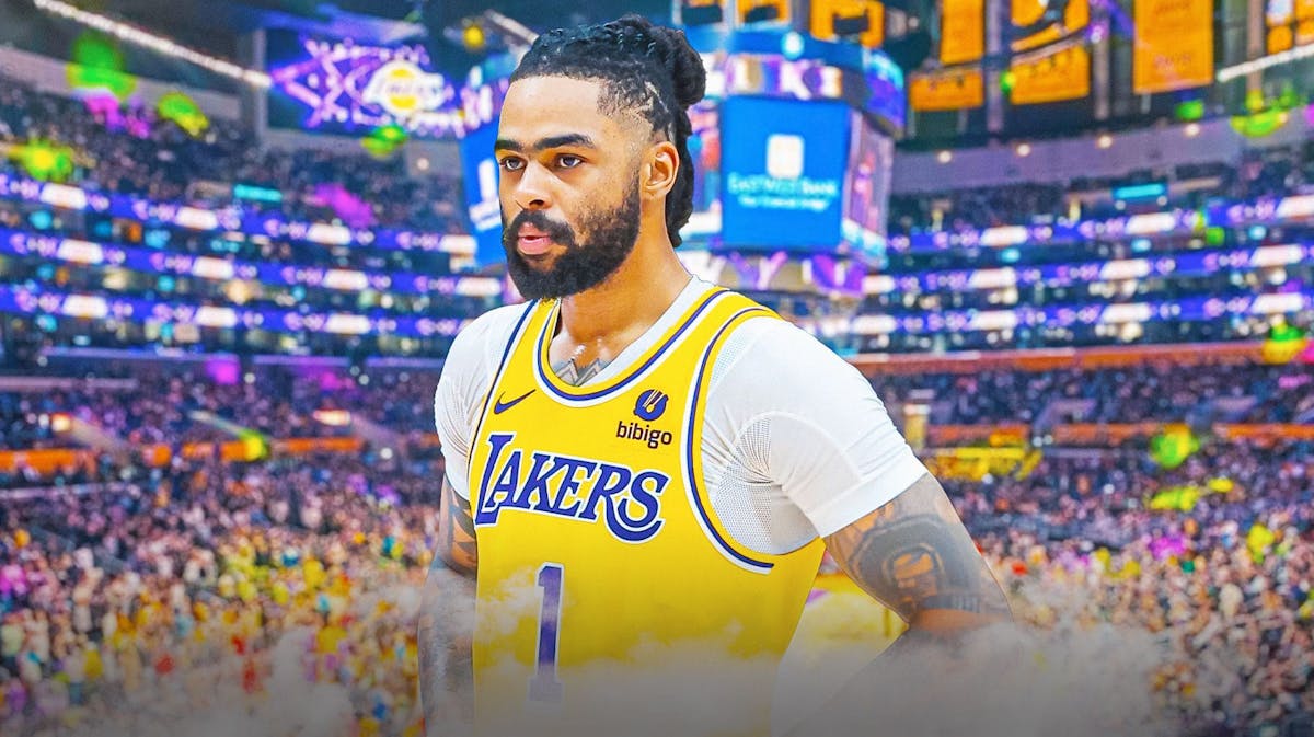 D'Angelo Russell with the Lakers arena in the background, fine