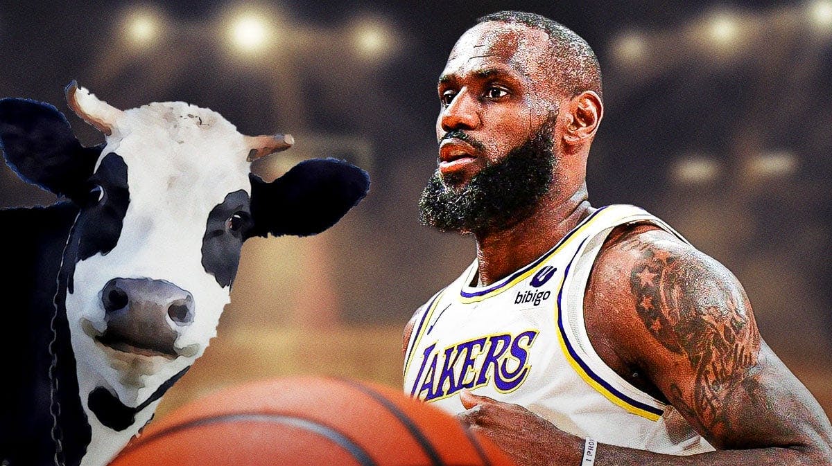 Los Angeles Lakers forward LeBron James with a cow