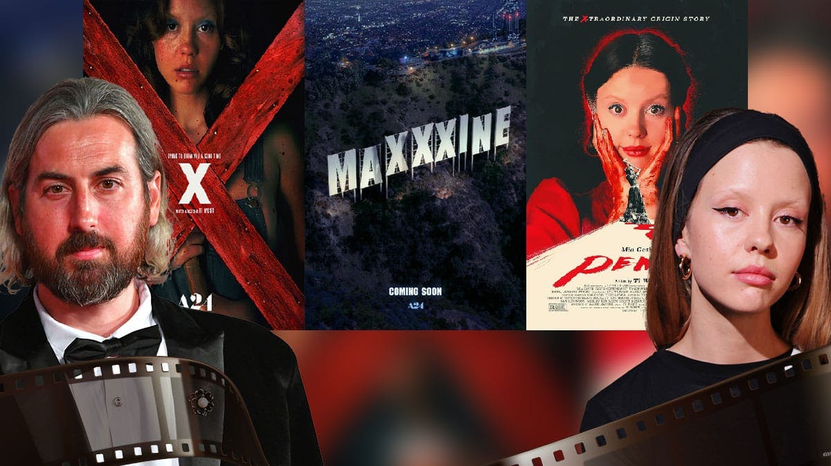 Ti West and Mi Goth with posters of A24 X franchise, MaXXXine, and Pearl.