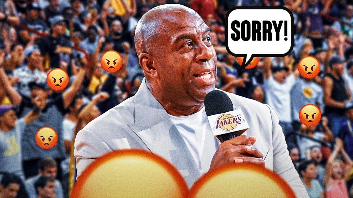 Magic Johnson with a speech bubble that says "Sorry!", a bunch of Los Angeles Lakers fans with angry emojis in the background