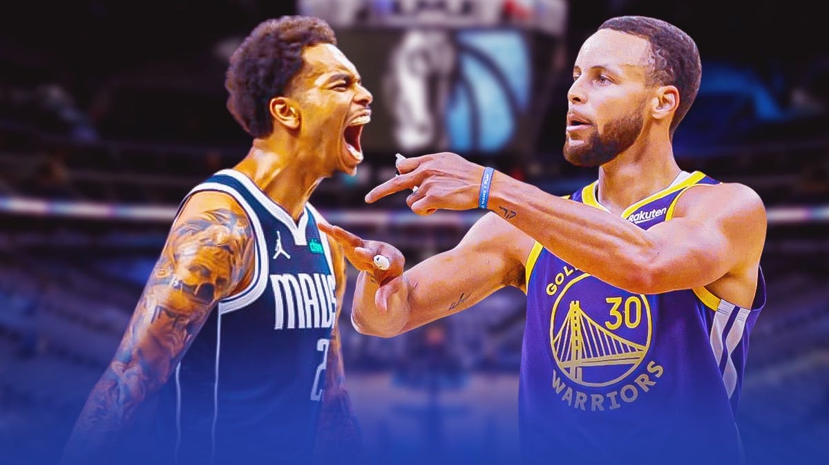 Mavericks' PJ Washington hyped up, with Warriors' Stephen Curry beside him pointing to his ring finger from 2022 NBA Finals