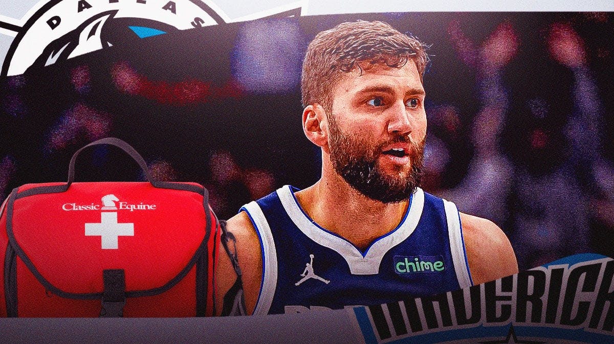 Maxi Kleber in Mavs jersey with medical kit beside him.