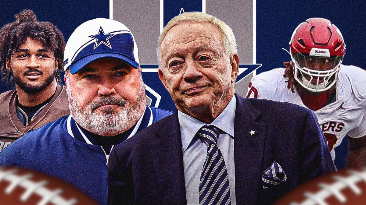 Jerry Jones in the middle, Tyler Guyton, Marshawn Kneeland, Coach Mike McCarthy around him, Dallas Cowboys wallpaper in the background