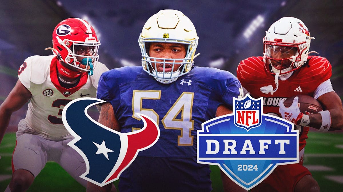 Kamari Lassiter (Georgia), Blake Fisher (Notre Dame), Jawhar Jordan (Louisville) all together with NFL Draft logo 2024 and Texans logo.