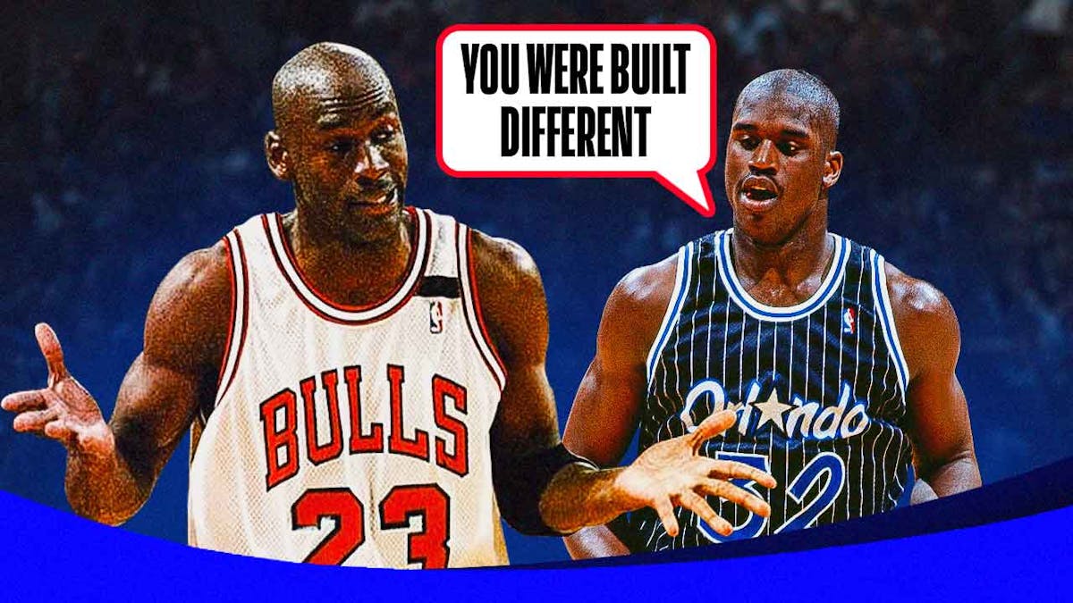 Shaquille O'Neal looking at Michael Jordan and saying "you were built different"