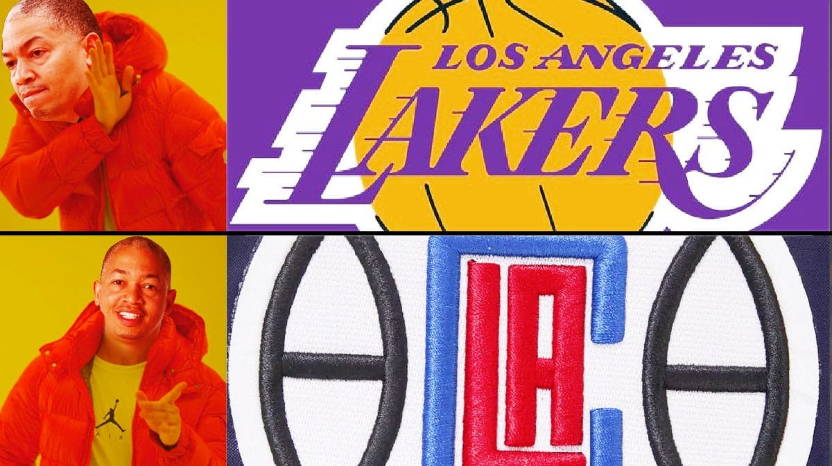 Clippers' Tyronn Lue in the drake saying no meme; top panel is the logo of the Lakers, bottom panel is the logo of the Clippers