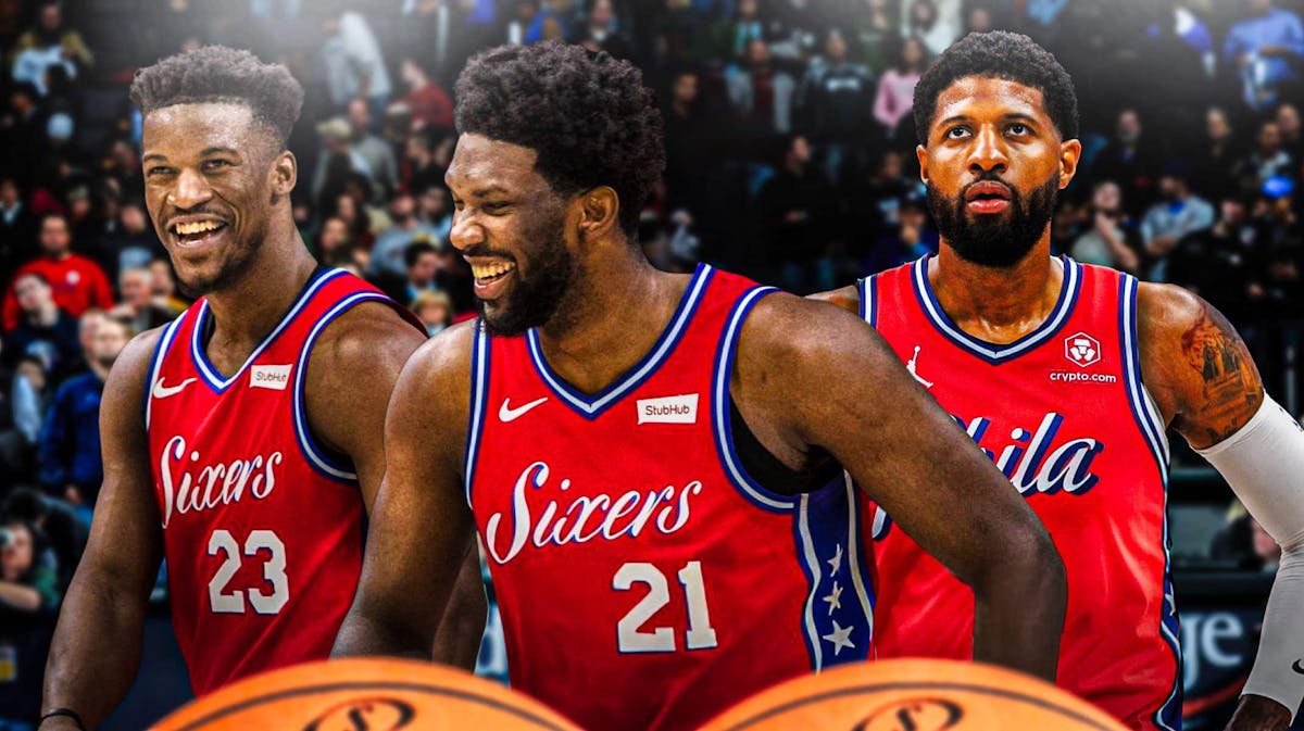 76ers' Joel Embiid smiling in the middle, with Jimmy Butler and Paul George to his side in a Philly uniform