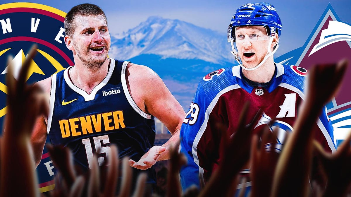 Nikola Jokic (in front of a Denver Nuggets logo) and Nathan MacKinnon (in front of a Colorado Avalanche logo.)