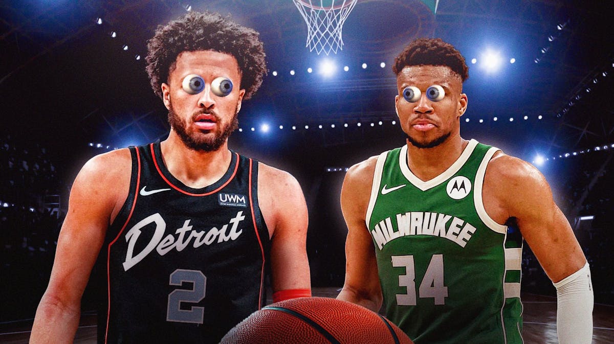 Pistons' Cade Cunningham and Bucks' Giannis Antetokounmpo with their eyes popping out