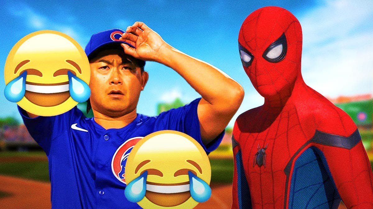 Shota Imanaga with cry laughing emojis around him. Spiderman