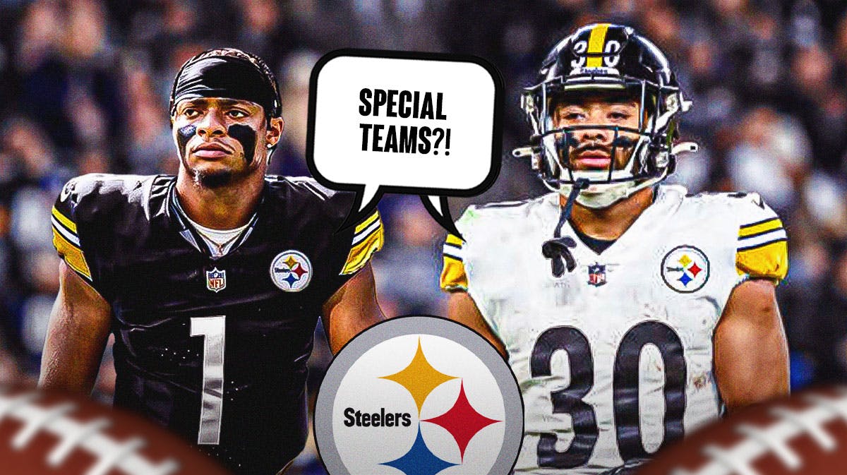 Pittsburgh Steelers running back Jaylen Warren and QB Justin Fields stand next to a logo for the Pittsburgh Steelers. They have a joint speech bubble that says “Special teams?!”