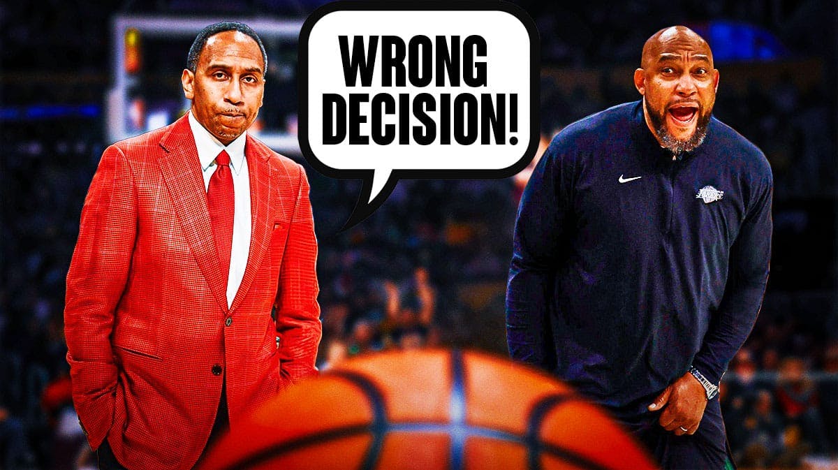Photo: Stephen A. Smith yelling "Wrong decision!" have Darvin Ham coaching Lakers beside him with an X through him