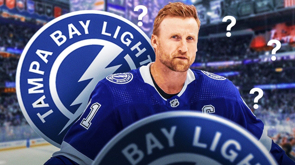 Steven Stamkos in middle of image looking stern, 3-5 question marks, TB Lightning logo, hockey rink in background
