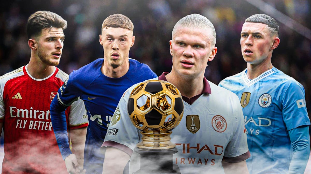 Erling haaland, Phil Foden, Declan Rice, Cole Palmer in front of a trophy
