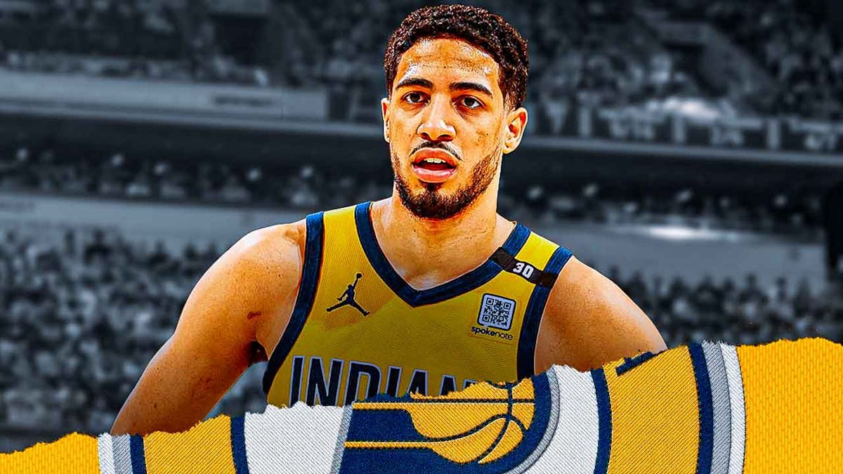 Tyrese Haliburton with the Pacers arena in the background, NBA Playoffs Bucks
