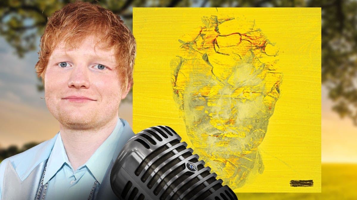Ed Sheeran with Subtract album cover and field background.