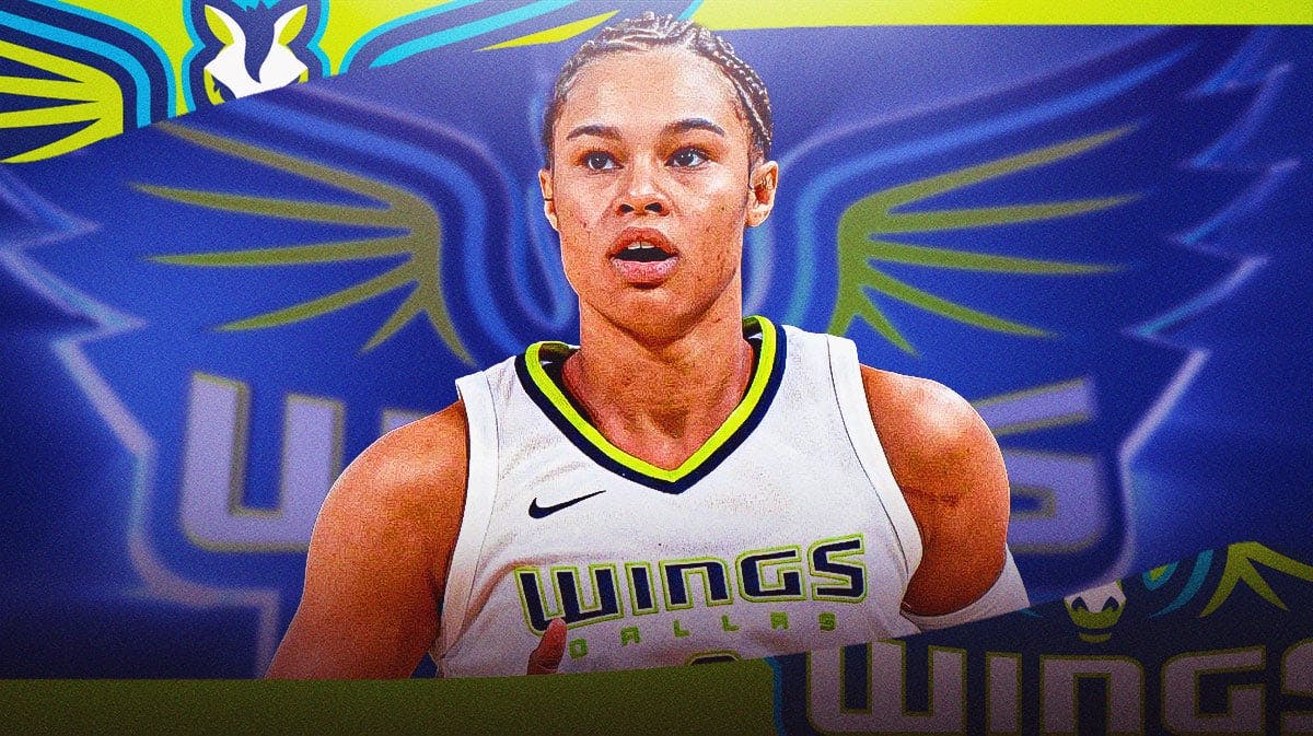 Wings' Satou Sabally with Dallas Wings' logo in background.