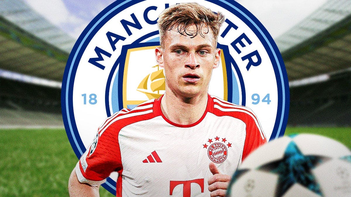 Joshua Kimmich in front of the Manchester City logo