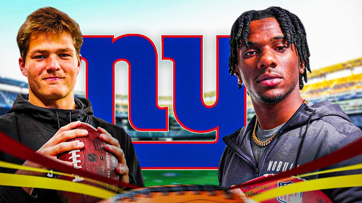 New York Giants logo in the center with Drake Maye on one side and Malik Nabers on the other with an NFL Draft background.