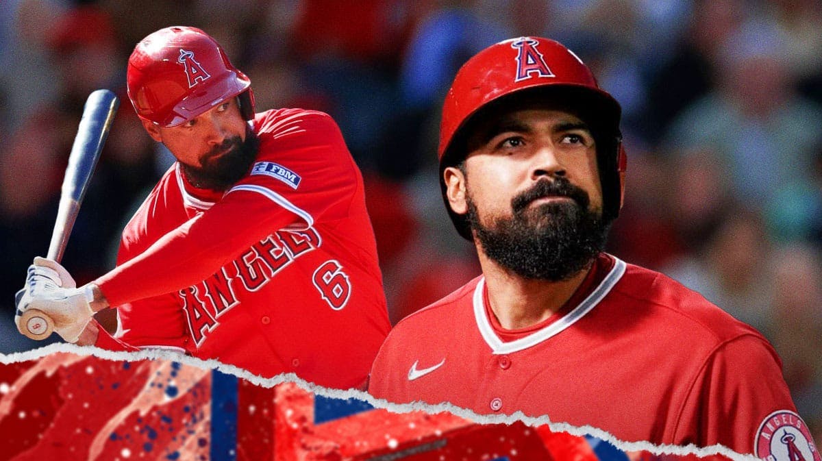 Angels' Anthony Rendon looking upset in front. In background, Angels' Anthony Rendon swinging a baseball bat.