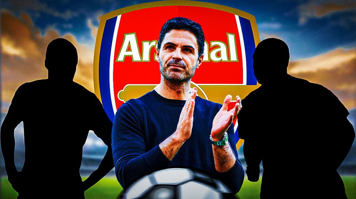 Mikel Arteta in front of the silhouettes of Alexander Isak and Brian Brobbey, the Arsenal logo at the back